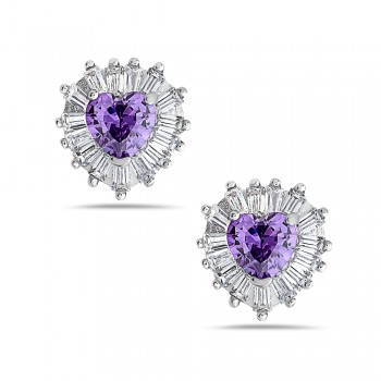 Amethyst Heart Baguette Border Stud Earrings