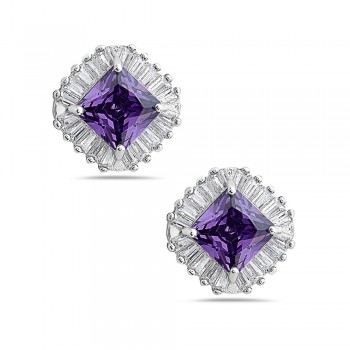 Sterling Silver EARRING BUTTON SQUARE AMETHYST CZ CLEAR CZ BAGU