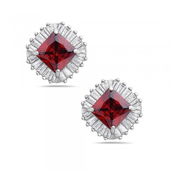 Sterling Silver EARRING BUTTON SQUARE GARNET CZ CLEAR CZ BAGUET
