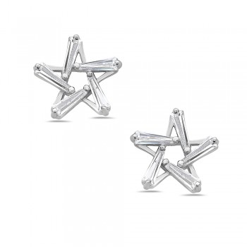 Sterling Silver EARRING STAR SPANGLED STUD TRAPZID BAGUETTE CLEAR C