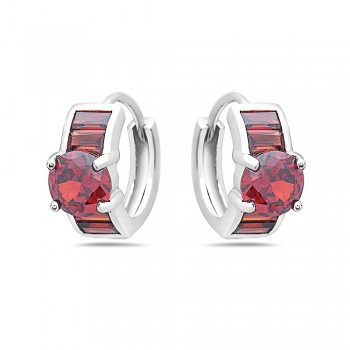 Sterling Silver EARRING HUGGIE ROUND GARNET CZ CENTER BAGUETTE