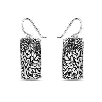 Sterling Silver EARRING DANGLE PLAIN OXIDIZED RECTANGULAR RELIE