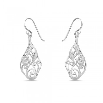 Sterling Silver EARRING TEAR DROP WITH FLOWER FLIGREE INSIDE