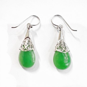 Sterling Silver EARRING BURMESE GREEN JADE W/PLAIN FILIGREE CAP