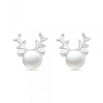 Sterling Silver EARRING REINDEER HEAD FRESH WATER PEARL