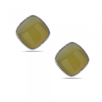 Sterling Silver EARRING STUD CUSHION SQUARE GOLDEN COLOR CARNEL