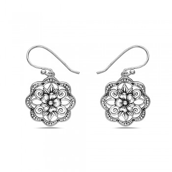 Sterling Silver EARRING FLOWER WAVY ROUND LINE DANGLE OXIDIZED