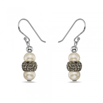 Sterling Silver EARRING 6.5-7 MM FRESH WATER PEARLS BLACKEN CRYSTAL CYLINDER