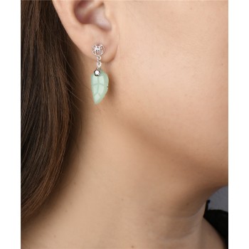 Sterling Silver EARRING CARVED GREEN JADE LEAF DANGLE TOP WITH LUCKY SYMBOL