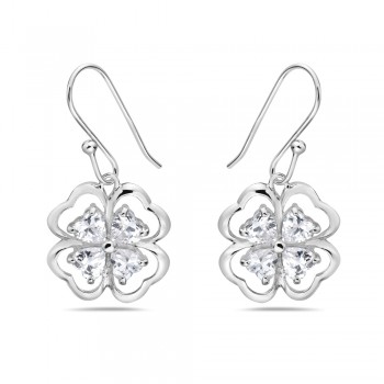 Sterling Silver EARRING CLOVER WITH 2 CLEAR CZ FRENCH WIRE