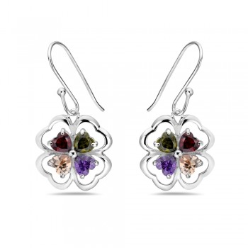 Sterling Silver EARRING CLOVER WITH MULTICOLOR CZ CLEAR CZ FRENCH WIRE