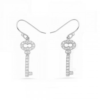 Sterling Silver EARRING CZ KEY DROP FRENCH WIRE