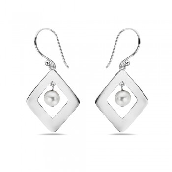Sterling Silver EARRING PLAIN OPEN RHOMBUS W/ WHITE FRESHWATER PEARL DROP