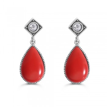 Sterling Silver Square Shaped Top Post Teardrop Red Reconstructed Coral Stone 2S-7406CRCY