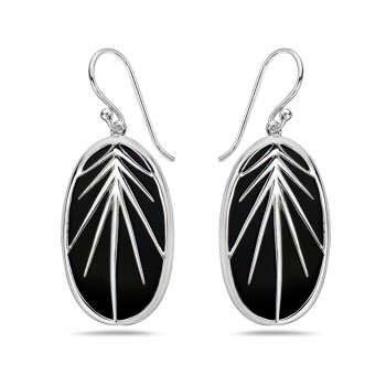 STERLING SILVER OVAL BIG ONYX DROP RADIATING DANGLE EARRING 2S-7408N