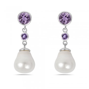 SS EARRING ROUND TOP GENUINE AMETHYST WITH FRESHWATER PEARL DROP 2S-7465AFP