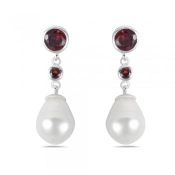 SS EARRING ROUND TOP GENUINE GARNET WITH FRESHWATER PEARL DROP 2S-7465GFP