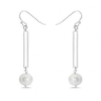 Sterling Silver Contemporary long linear with Freshwater Pearl Drop Earring 2S-7472