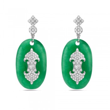 Sterling Silver Oval Green Jadelite Artisan CZ Pave Dangle Earring 2S-7474J