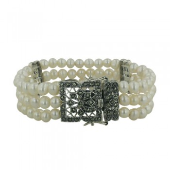 Marcasite Bracelet with Fresh Water Pearl with 2 Vertical Sections of M
