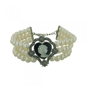Marcasite Bracelet 3 Lin Fresh Water Pearl Onyx/Mother of Pearl Cameo