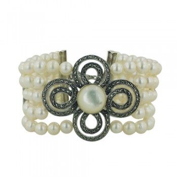 Marcasite Bracelet 5 Line Fresh Water Pearl with Marcasite Intervals and Mother of Pearl/Marcasite