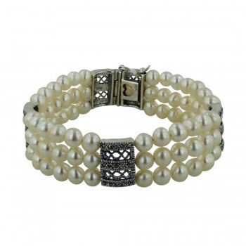 Marcasite Bracelet 3 Lines Fresh Water Pearl with Filigree Marcasite Intervals