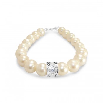 Sterling Silver 18*10Mm Fresh Water Pearls Bracelet+ Clear Cubic Zirconia