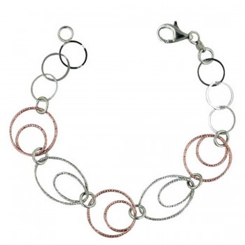 Sterling Silver Bracelet with Rhodium Plating Textured Oval Links/Rose Gold