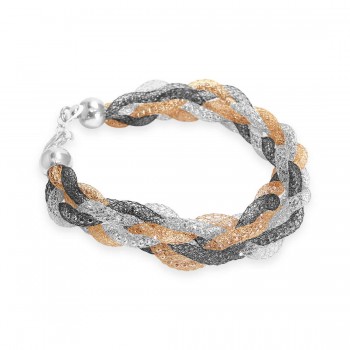 Sterling Silver Bracelet Twisted Net Tubes Mixed Color Rosegold+Rhodium Plating+