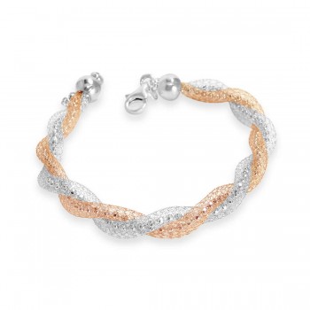 Sterling Silver Bracelet Twisted Net Tubes Mixed Color Rosegold+Rhodium Plating