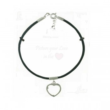 Sterling Silver Bracelet 7.5" Black Leather Cord with Heart Frame Char