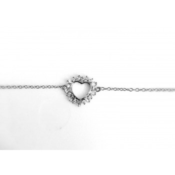 Sterling Silver Bracelet Thin Chain with Clear Cubic Zirconia Open Heart