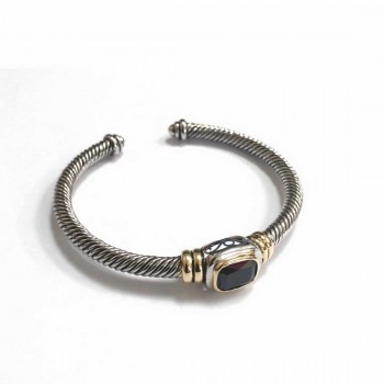 Sterling Silver Bracelet Two Tone Rope Design with Cushion Black Cubic Zirconia