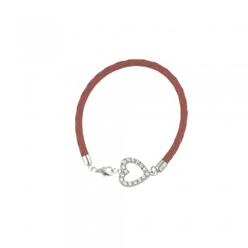 Sterling Silver Bracelet Clear Cubic Zirconia Heart with Red Leather Braid