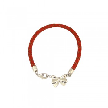 Sterling Silver Bracelet Plain Bow with Red Leather Braid