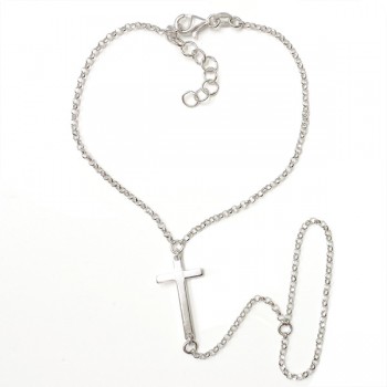 SS Brlt Plain Cross Hand Chain Bracelet, Silver