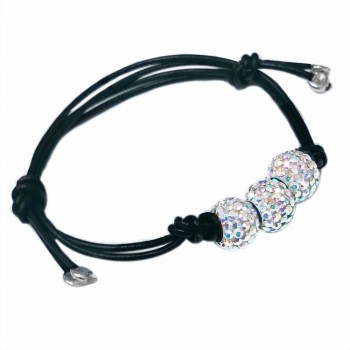 SS Brlt (3) 10Mm Ab Cl Crystal Ball W/ Blk Leather, Multicolor