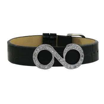 Double 6 Oppositive Clear Cubic Zirconia Black Leather Band