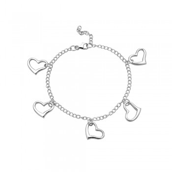 Sterling Silver Bracelet 8'' Plain 5 Open Hearts--Nickle Free