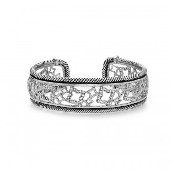 Sterling Silver Bracelet Oxidized Rope with Plain+Cubic Zirconia Open Star Wide C
