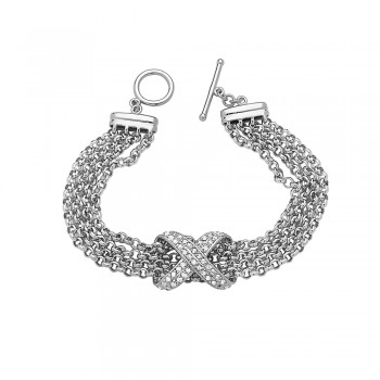 Sterling Silver Bracelet 4 Strand Rolo Chain with Clear Cubic Zirconia 'X'+Toggle