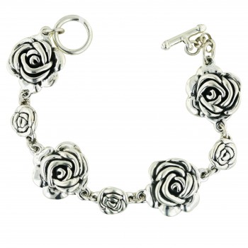 Sterling Silver Bracelet 8 In. 22mm Plain Flwrs with 10mm Rose Between