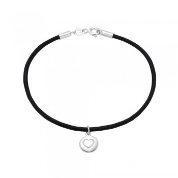 Sterling Silver BRACELET 7.5" BLACK LEATHER CORD W/ ROUND CHARM HEART LINE