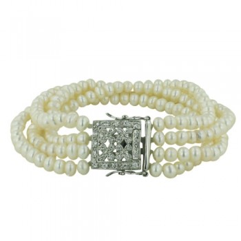 Sterling Silver Bracelet 4 Strand White Fresh Water Pearl with 4 Clear Cubic Zirconia Flower Square Fr