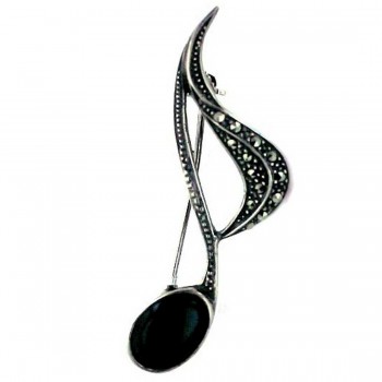 Marcasite Pin Oval Onyx Music Note