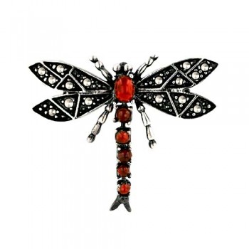Marcasite Pin Carnelian Dragonfly Motion Tail