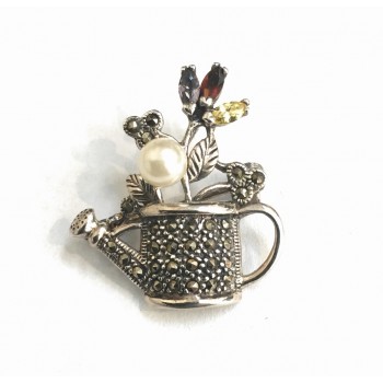 MS PIN AND PENDANT MULTIICOLOR CZ WAWTER CAN WITH FLOWERS PEARLS