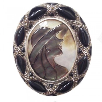 Marcasite Pin Onyx Frame with Lady with Hat Black Cameo