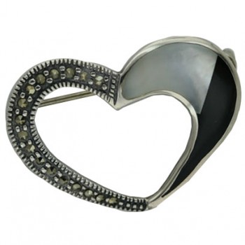 Marcasite Pin Open Heart Half Onyx + Mother of Pearl